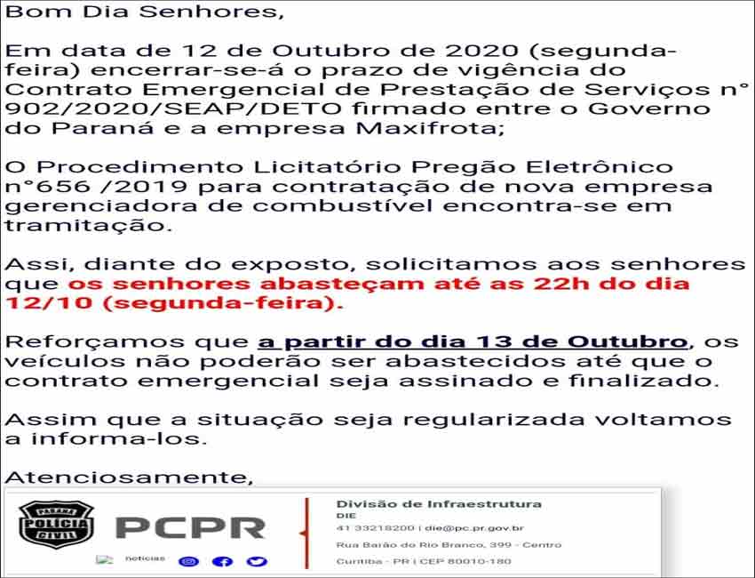 As viaturas da Polícia Civil do Paraná podem parar de rodar a partir de amanhã terça-feira (13).